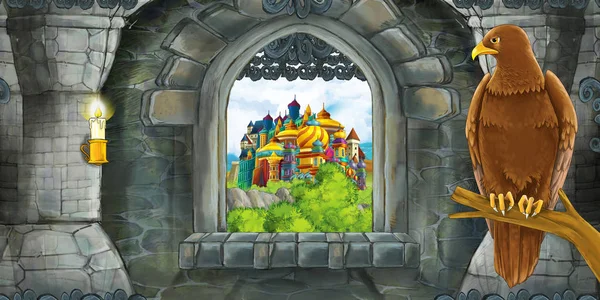 Cartoon scene of medieval castle interior with window with view on some other castle and sitting eagle - illustration for children — Stock Photo, Image