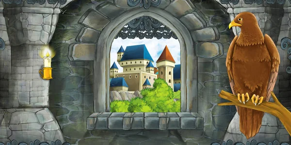 Scena rysunkowa średniowiecznego wnętrza zamku z oknem z widokiem na inny zamek i siedzący orzeł - ilustracja dla dzieci — Zdjęcie stockowe