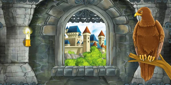 带有窗户的中世纪城堡内部的卡通场景，可以看到其他城堡和坐着的鹰- -儿童图解 — 图库照片