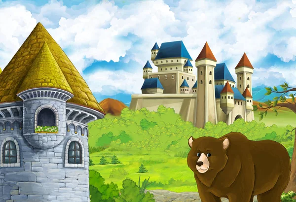 Dibujos animados escena de la naturaleza con hermoso castillo cerca del bosque con ilustración de oso para los niños — Foto de Stock