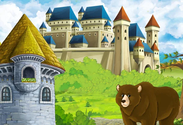 Dibujos animados escena de la naturaleza con hermoso castillo cerca del bosque con ilustración de oso para los niños — Foto de Stock