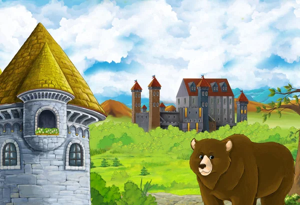 Cena da natureza dos desenhos animados com belo castelo perto da floresta com ilustração urso para crianças — Fotografia de Stock