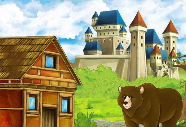 Cartoon nature scene with beautiful castle near the forest with bear illustration for children