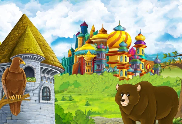 Мультфильм о природе с красивым замком рядом с лесом с — стоковое фото