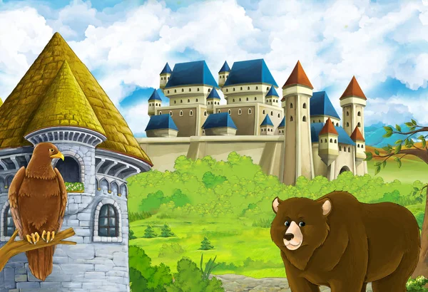 Мультфильм о природе с красивым замком рядом с лесом с — стоковое фото