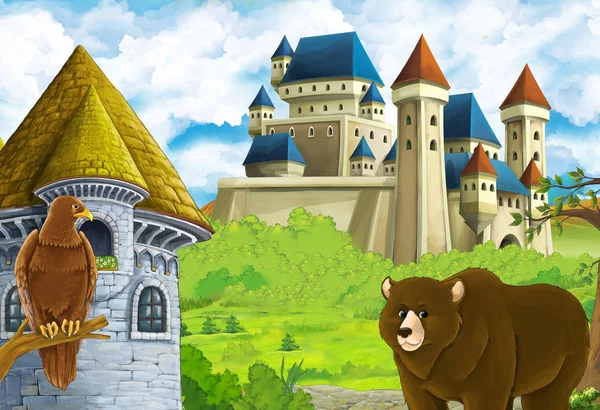 Dibujos animados escena de la naturaleza con hermoso castillo cerca del bosque con — Foto de Stock