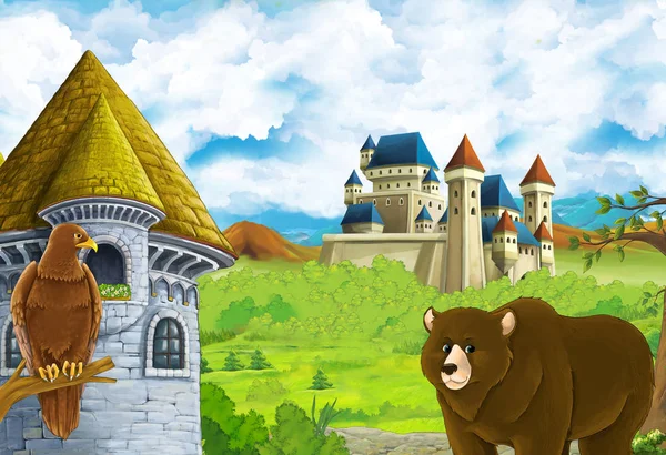 Cartoon nature scene with beautiful castle near the forest with — Stock Photo, Image