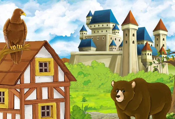 Cartoon nature scene with beautiful castle near the forest with