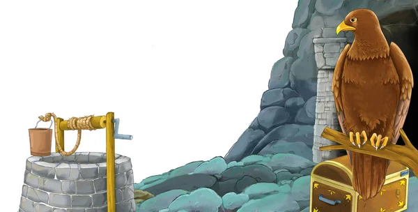 Мультяшная сцена с входом в шахту с птичьим орлом на белом фоне с пространством для текста - иллюстрация для детей — стоковое фото