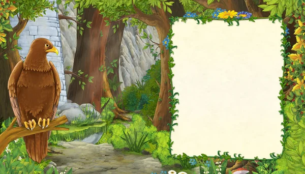 Tecknad natur scen med fågel örn med slott torn i skogen med ram för text - illustration för barnen — Stockfoto