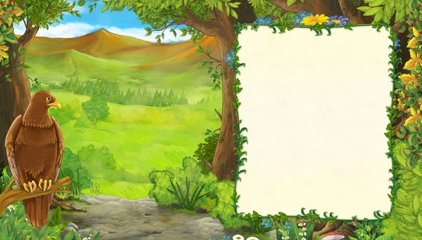 Scena z kreskówki ptak orzeł z góry dolina w pobliżu lasu z ramką do ilustracji tekstu dla dzieci — Zdjęcie stockowe