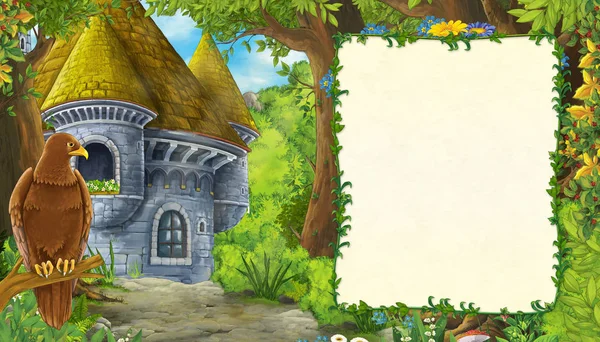 Dibujos animados escena de la naturaleza con águila pájaro con torre de castillo en el bosque con marco para el texto - ilustración para los niños —  Fotos de Stock