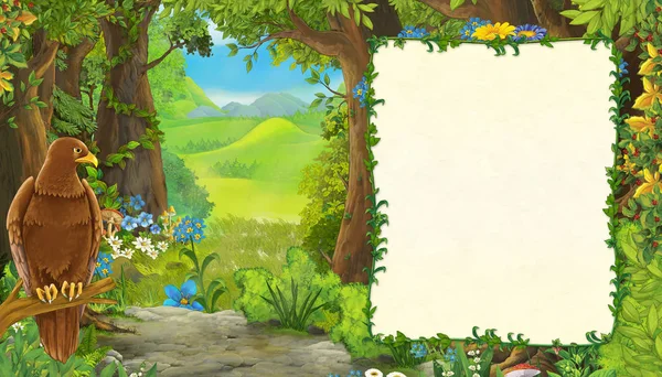 Kreskówka lato scena z ptak orzeł z łąka w lesie z ramką dla tekst ilustracja dla dzieci — Zdjęcie stockowe