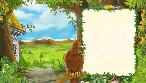 Escena de dibujos animados con águila pájaro con valle de las montañas cerca del bosque con marco para la ilustración de texto para niños — Foto de Stock