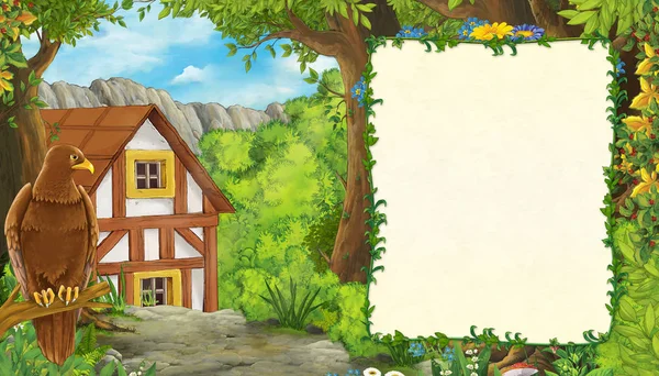 Мультфильм летняя сцена с птичьим орлом с дорожкой в деревню фермы с рамкой для текста - никого на сцене - иллюстрация для детей — стоковое фото