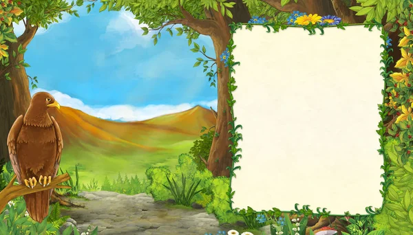 cartoon scene with bird eagle with mountains valley near the forest with frame for text illustration for children