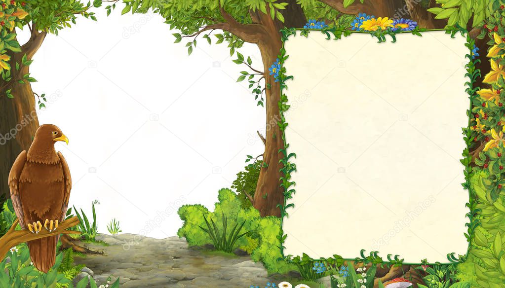 cartoon summer scene with bird eagle with meadow in the forest with white background illustration for children