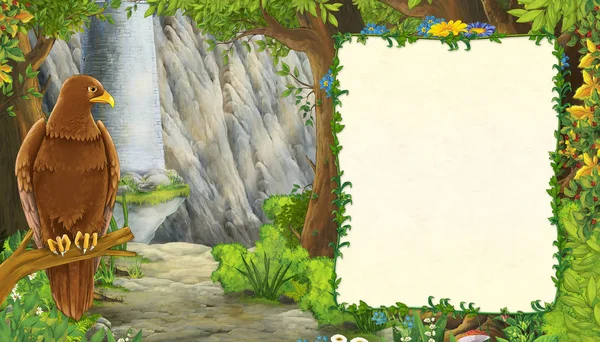 Kreskówkowa scena przyrodnicza z orłem ptaków z wieżą zamkową w lesie z ramą na tekst - ilustracja dla dzieci — Zdjęcie stockowe