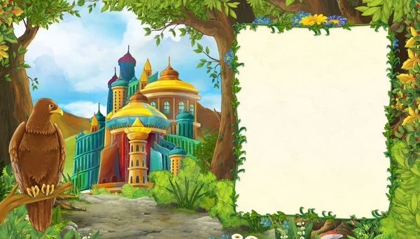 Cartoon nature scene with bird eagle with beautiful castle with — 스톡 사진