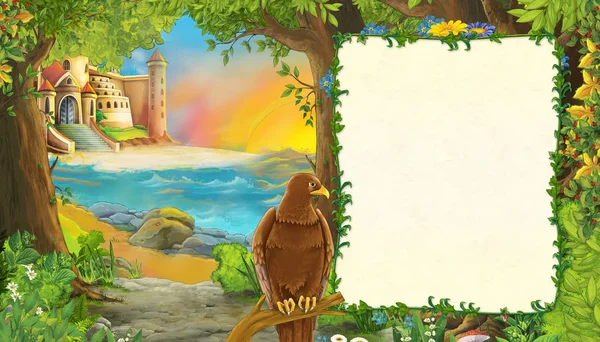 Escena de dibujos animados con pájaro águila de hermoso castillo junto a la playa a — Foto de Stock