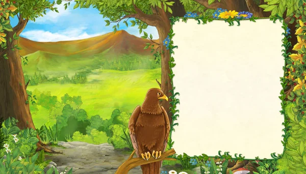 Dibujos animados escena de verano con águila pájaro con prado en el bosque w — Foto de Stock