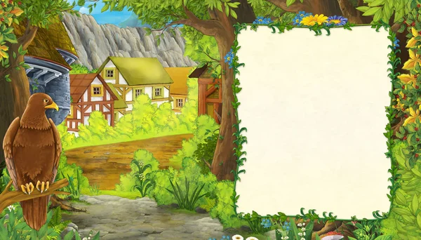 卡通片的夏季场景，鸟鹰与小径农场别墅 — 图库照片