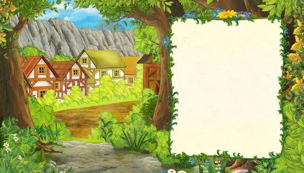 Tecknad sommar scen med fågel örn med väg till gården byn med ram för text - ingen på scenen - illustration för barn — Stockfoto