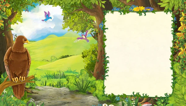 Escena de dibujos animados con pájaro águila con montañas valle cerca de la para —  Fotos de Stock