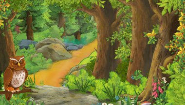 Ormanda çayırlı kuş kartallı çizgi film sahnesi.