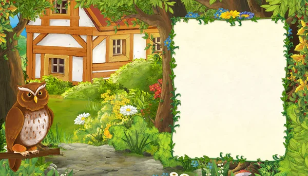 卡通片的夏季场景，鸟鹰与小径农场别墅 — 图库照片
