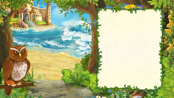Tecknad scen med fågel örn av vackra slott vid stranden en — Stockfoto