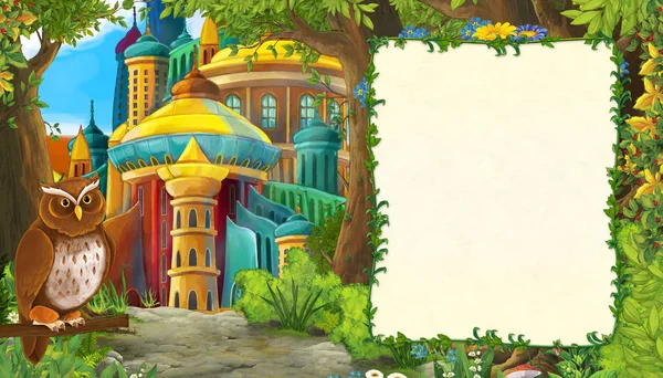 Scena di natura dei cartoni animati con aquila uccello con bellissimo castello con — Foto Stock