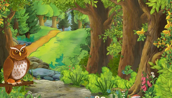 Dibujos animados escena de verano con águila pájaro con prado en el bosque i — Foto de Stock