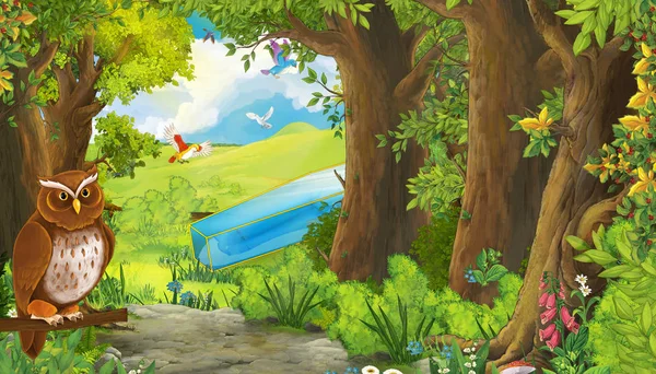 Kreslené letní scéna s pták orel s loukou v lese w — Stock fotografie