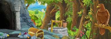 Ormanda kartal kuşunun olduğu çizgi film sahnesi. Çocuklar için gizli giriş illüstrasyonları var.