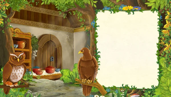 Divertida escena de verano de dibujos animados con pájaro águila con camino en el bosque - ilustración para niños —  Fotos de Stock