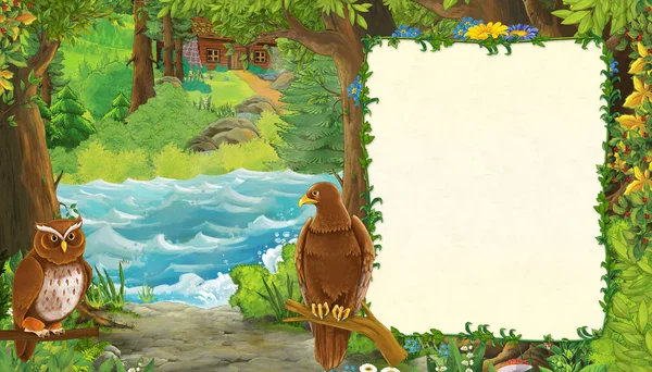 Divertente scena estiva del cartone animato con uccello aquila con percorso nella foresta - illustrazione per bambini — Foto Stock