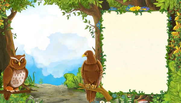 Divertida escena de verano de dibujos animados con pájaro águila con camino en el bosque - ilustración para niños —  Fotos de Stock