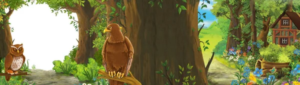 Grappige cartoon scene met adelaar vogel in het bos met verborgen ingang illustratie voor kinderen — Stockfoto