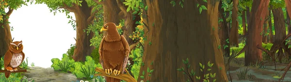 Lustige Cartoon-Szene mit Adlervogel im Wald mit versteckter Eingangsillustration für Kinder — Stockfoto