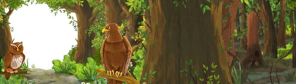 Funny cartoon scene with eagle bird in the forest with hidden entrance illustration for children — Stock Photo, Image