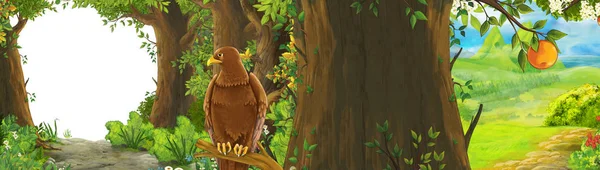 Funny cartoon scene with eagle bird in the forest with hidden entrance illustration for children — Stock Photo, Image