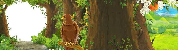 Divertida escena de dibujos animados con águila pájaro en el bosque con ilustración de entrada oculta para niños —  Fotos de Stock