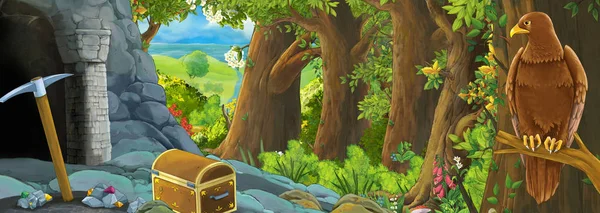 Rolig tecknad scen med örn fågel i skogen med dold entré illustration för barn — Stockfoto