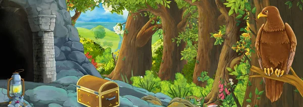 Funny cartoon scene with eagle bird in the forest with hidden entrance illustration for children — 스톡 사진