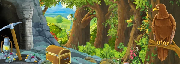 Divertida escena de dibujos animados con águila pájaro en el bosque con ilustración de entrada oculta para niños — Foto de Stock
