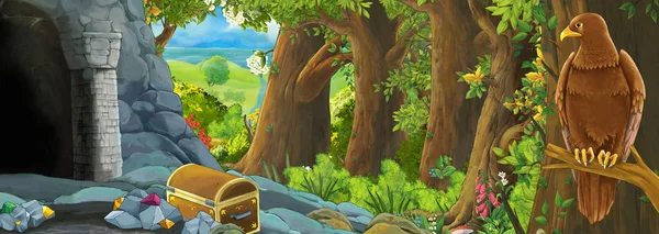 Funny cartoon scene with eagle bird in the forest with hidden entrance illustration for children — ストック写真