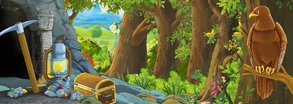 Funny cartoon scene with eagle bird in the forest with hidden entrance illustration for children — ストック写真