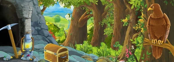 Σκηνή κινουμένων σχεδίων με αετό πουλί στο δάσος με κρυμμένη εικόνα εισόδου για τα παιδιά — Φωτογραφία Αρχείου