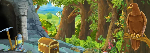 Scena del cartone animato con uccello aquila nella foresta con illustrazione ingresso nascosto per i bambini — Foto Stock